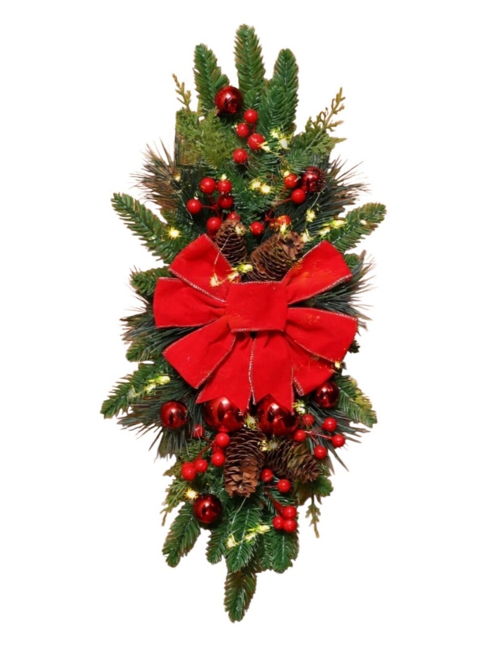 Red Holiday Pine Teardrop Swag with Bow and Lights. NEW.